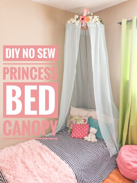 Princess Canopy Bed Diy Girl Rooms, Princess Canopy Diy, Twin Canopy Bed Ideas, Diy Bed Canopy Easy Bedroom, How To Make Bed Canopy, Diy Bed Canopy Frame, Diy Princess Bed Canopy, Diy Canopy Curtains, Easy Canopy Bed Diy