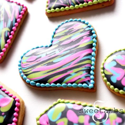 Paint Splatter Royal Icing Cookies, Neon Icing, Neon Royal Icing Cookies, Neon Sugar Cookies, Glow Cookies, Glow Party Cookies, Disco Themed Cookies, Neon Cookies, Heart Cookies Decorated