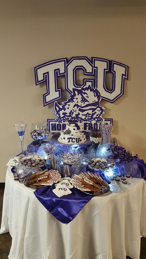 TCU Dessert Table Tcu Party Decorations, Tcu Graduation Party, Tcu Party, Trunk Party Ideas College, College Signing Day, Dessert Table Graduation, Horned Frog, Graduation Desserts, Trunk Party