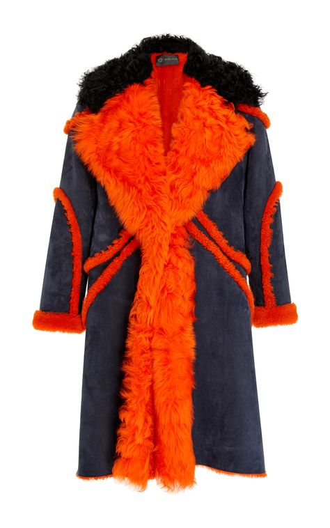 Long Navy Coat, Long Shearling Coat, Versace Coat, Navy Blue Coat, Black Faux Fur Coat, Navy Coat, Longline Coat, Winter Chic, Blue Coats