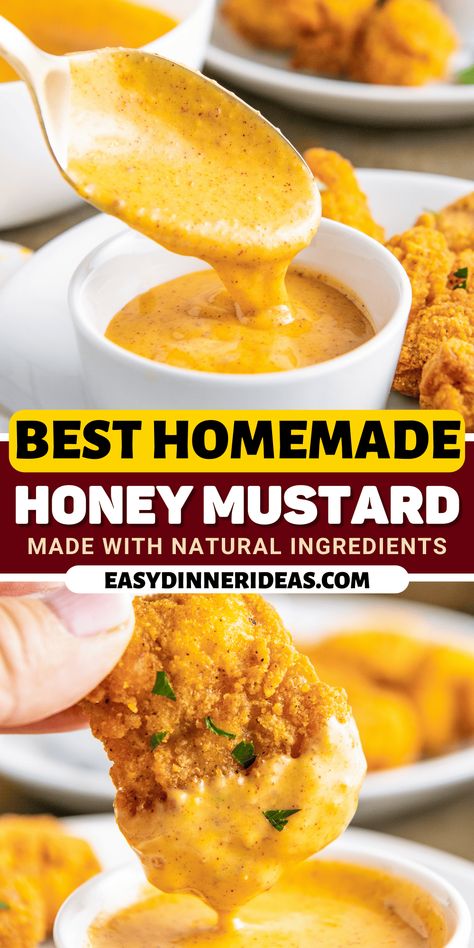 This easy honey mustard recipe is so creamy and perfectly balanced with just the right amount of sweet and savory flavors. It's way better than anything you'll find at the store! Honey Mustard Sauce No Mayo, Honey Mustard Recipe Homemade, Homemade Honey Mustard Dipping Sauce, Sweet Honey Mustard Sauce, Homemade Condiment Recipes, How To Make Honey Mustard, Bojangles Honey Mustard Recipe, Hot Honey Ranch, Home Made Mustard Recipe