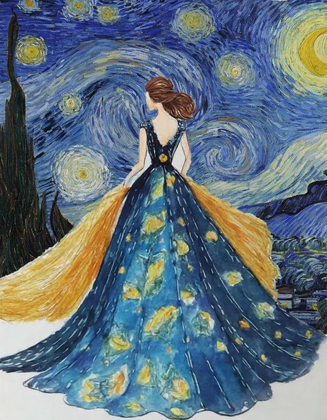 🌌✨ A celestial masterpiece! Inspired by Van Gogh's "Starry Night," this stunning dress features a rich midnight blue fabric adorned with hand-embroidered stars and crescent moons. The flowing skirt, crafted from layers of tulle or chiffon, mirrors the dynamic brushstrokes of the night sky, evoking movement and depth.   #VanGoghInspired #StarryNightDress #CelestialFashion Starry Night Gown, Van Gogh Dress, Starry Night Dress Van Gogh, Starry Night Beaded Earrings, Starry Night Skirt, Starry Night Embroidery, Embroidered Night Sky, Starry Night Fabric, Starry Night Dress