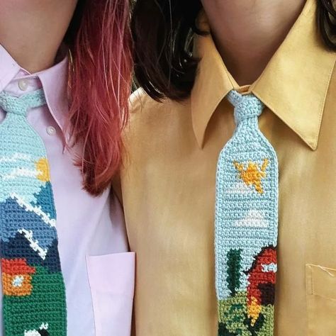 Crochet Bolo Tie, Crochet Tapestry Clothes, Crochet Neck Tie, Crochet Ties, Pixel Grid, Crochet Tie, Crochet Idea, Crochet Tapestry, Tapestry Crochet