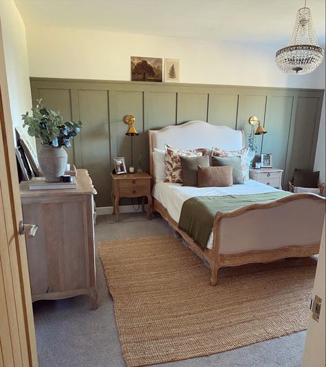 Bed Paneling, Half Panelled Walls Bedroom, Olive Bedroom, Wall Paneling Ideas, Cottage Style Bedrooms, Olive Green Bedrooms, I Am Useless, Paneling Ideas, Wainscoting Bedroom