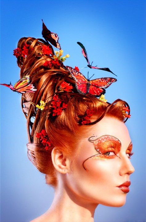 Avant garde hairstyle with butterflies by Shawn Arrington. Avent Garde Hair, Avant Garde Hairstyles, Fairy Hairstyle, Hair Competition, Butterfly Angel, Avant Garde Hair, Wig Styling, Hair Magazine, Hair 2018