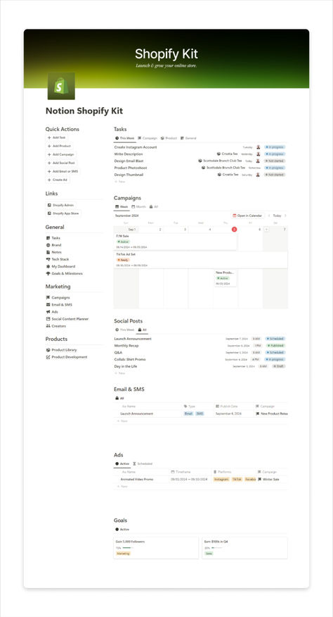 Launch & grow your Shopify store with Notion
This intuitive workspace will help you seamlessly organize your work and scale your ecommerce brand. This template is not meant to be a duplicate of your Shopify dashboard - it’s meant to work alongside it. Use Shopify to manage your orders, inventory and customers. This Notion template is the workspace you and your team will use to manage and grow your brand on a daily basis. Shopify Dashboard, Business Notion Template, Shopify Templates, Notion Templates, Notion Template, Shopify Store, Daily Life, Work Space, Meant To Be