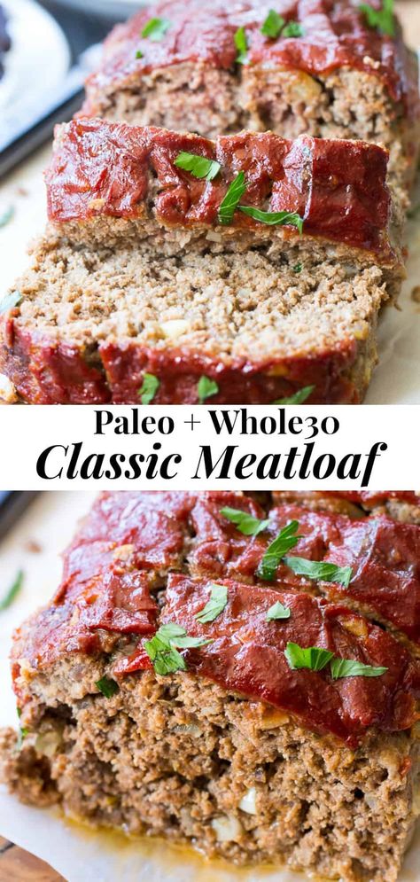 This Whole30 and Paleo meatloaf is packed with classic flavors and topped with Whole30 ketchup sweetened with dates!  It's the ultimate cozy comfort food that everyone will love.  Gluten free grain free, dairy free, no added sugar.  #whole30 #paleo #cleaneating Whole30 Ketchup, Paleo Beef Recipes, Paleo Meatloaf, Whole30 Dinner Recipes, Whole 30 Meal Plan, Easy Whole 30 Recipes, Paleo Main Dishes, Whole 30 Diet, Paleo Beef