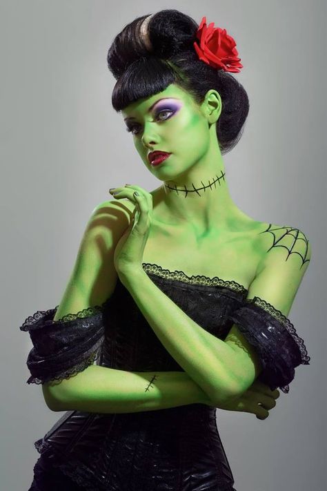 Green with envy ....... Diy Bride Of Frankenstein Costume, Frankenstein Costume Diy, Bride Of Frankenstein Halloween Costume, Pin Up Zombie, Rockabilly Halloween, Frankenstein Makeup, Bride Of Frankenstein Costume, Rockabilly Makeup, 50s Hair