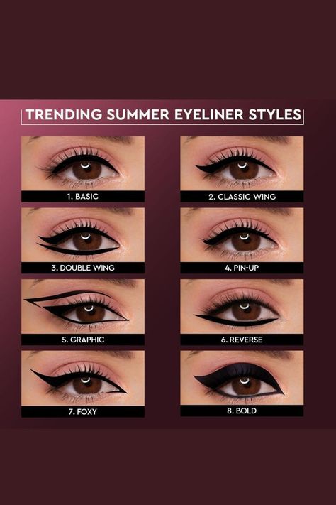 Eyeliner Styles Pictures, Eye Makeup Products List, Eyeliner Different Colors, Different Color Eyeliner, Perfect Eyeliner For Eye Shape, Styles Of Eyeliner, Different Styles Of Eyeliner, Cute Eyeliner Styles, Eyeshadow And Eyeliner Looks