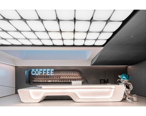 a trendy coffee shop with futuristic elements Futuristic Office Design, Futuristic Restaurant, Futuristic Bar, Trendy Coffee Shop, White Marble Bar, 2023 Interior Design, Futuristic Office, National Building Museum, Small Beach Houses