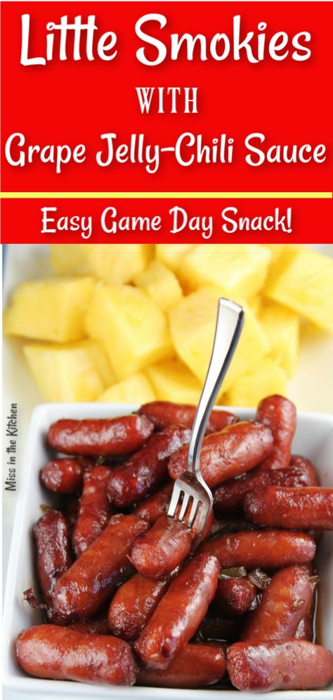 Little Smokies with Grape Jelly-Chili Sauce is a tasty snack perfect for game day or family gatherings! Easy Crock Pot Recipe! #slowcooker #appetizers Grape Jelly Chili Sauce, Little Smokies Recipes, Smokies Recipe, Little Smokies, Appetizers Easy Dips, Lil Smokies, Crock Pot Recipe, Grape Recipes, Football Party Food