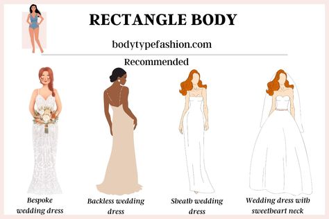 How to Find the Perfect Wedding Dresses for Your Body Type 15 Rectangle Body Wedding Dress, Rectangle Body Shape Wedding Dress, Wedding Dress For Rectangle Body Shape, Outfits For Boston, Spanish Style Wedding Dress, Body Shape Rectangle, Rectangle Body Shape Fashion, Wedding Dress Body Type, Body Type Clothes