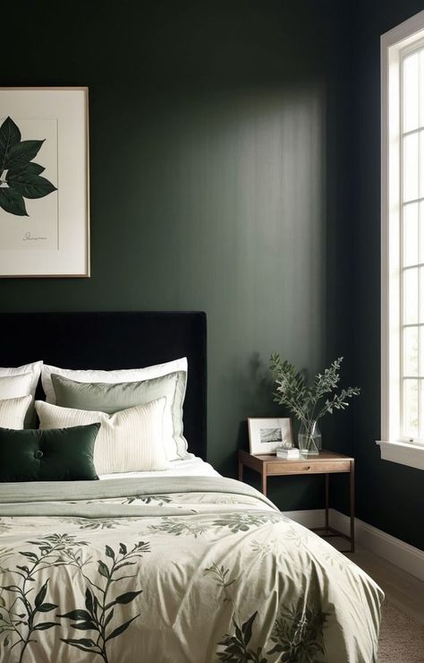 Green Accent Wall, Sage Bedroom, Black Bedroom Decor, Green Accent Walls, Accent Wall Ideas, Earthy Home Decor, Green Interior Design, Dining Room Ideas, Gold Bedroom