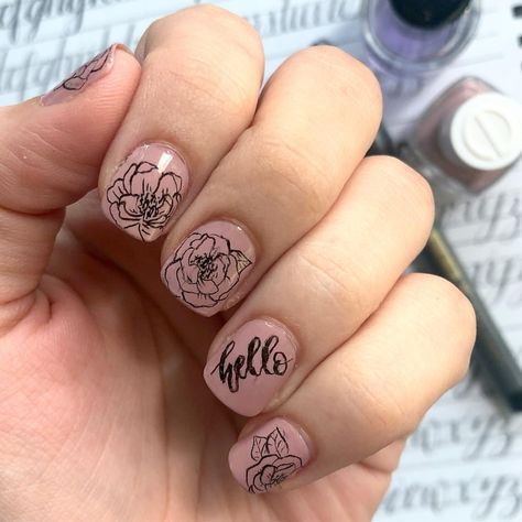 Lettering and inking florals as nail art #nailart #lettering #calligraphy #ink #inking #beauty #art #floral #roses Letters Nail Art, Nail Calligraphy, Calligraphy Ink, Lettering Calligraphy, Beauty Art, Brush Pen, Essie, Art Designs, Nail Art Designs