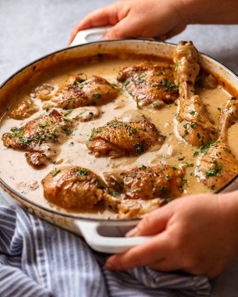 Large pot of freshly cooked Chicken Fricassée French Chicken Stew, French Chicken, Chicken Fricassee, Homemade Chicken Stock, Recipetin Eats, Recipe Tin, Creamy Mushroom Sauce, French Dishes, French Cooking