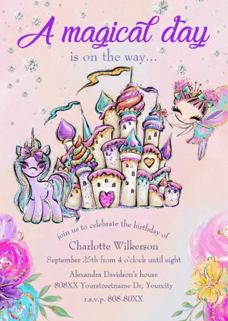 Fairy Tale Birthday Invitation, Magical Creatures Birthday Party, Fairy Unicorn Party, Princess Unicorn Party, Princess Tea Party Birthday, Fairytale Birthday Party, Castle Birthday Party, Rainbow Unicorn Invitations, Fairy Princess Party