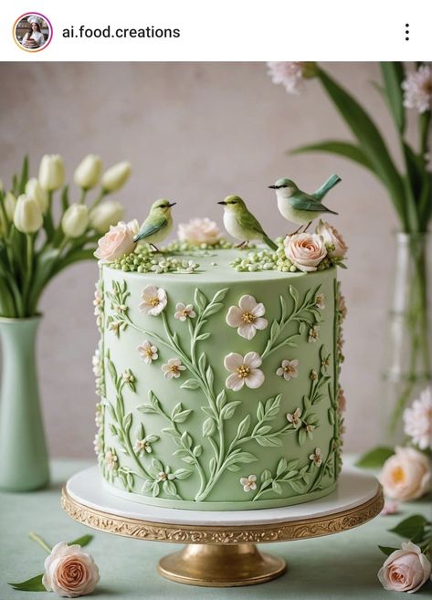 Garden Design Cake, Princess And Frog Cake, Bird Themed Birthday Cake, Plants Cake Design, Trendy Birthday Cakes For Women, Bird Cake Ideas, Nature Birthday Cake, Pastel Green Cake, Floral Garden Cake