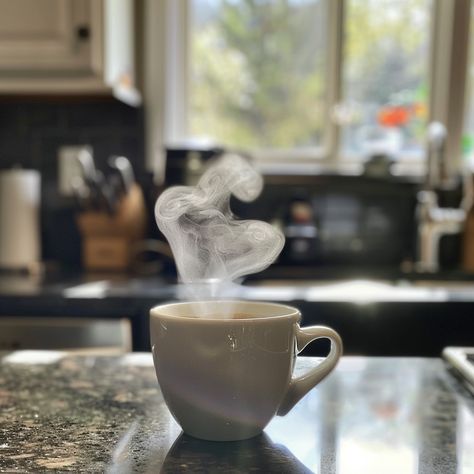 Morning Coffee Aroma: A freshly brewed cup of coffee steaming gently on a kitchen counter, promising a warm start to the day. #coffee #morning #steam #kitchen #mug #aiart #aiphoto #stockcake ⬇️ Download and 📝 Prompt 👉 https://ayr.app/l/L1dH Coffee Reference Photo, Pouring Coffee Reference, Coffee Steam Drawing, Cups Of Coffee Photography, Coffee Moments Photography, Cozy Images, Steaming Cup Of Coffee, Coffee Steam, Coffee Aroma