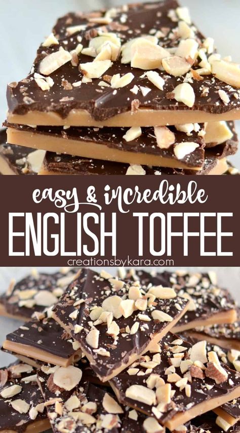 The best English Toffee recipe- so easy and so scrumptious! Homemade toffee makes great neighbor gifts for Christmas. #toffee #homemadetoffee #easytoffee #candyrecipe -from Creations by Kara Easy English Toffee Recipe, Christmas Desserts For Neighbors, Homemade Toffee Bits, Creations By Kara, English Toffee Recipe Best, English Toffee Coffee Recipe, Toffee Treats, Easy Toffee Recipe, Butter Toffee Recipe