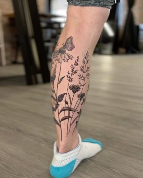 Nature Calf Tattoo, Wildflower Calf Tattoo, Wildflower Vine Tattoo, Vine Tattoo, Tiny Tats, Vine Tattoos, Floral Foliage, Calf Tattoo, Temporary Tattoo Designs