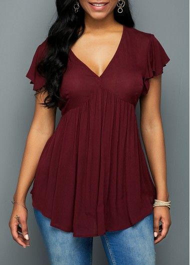 V Neck Lace Panel Three Quarter Sleeve Blouse | modlily.com - USD $29.11 Burgundy Butterfly, Butterfly Sleeve Blouse, Three Quarter Sleeve Blouses, Tiered Blouse, Burgundy Blouse, Trendy Tops For Women, Butterfly Sleeve, Office Attire, Club Style