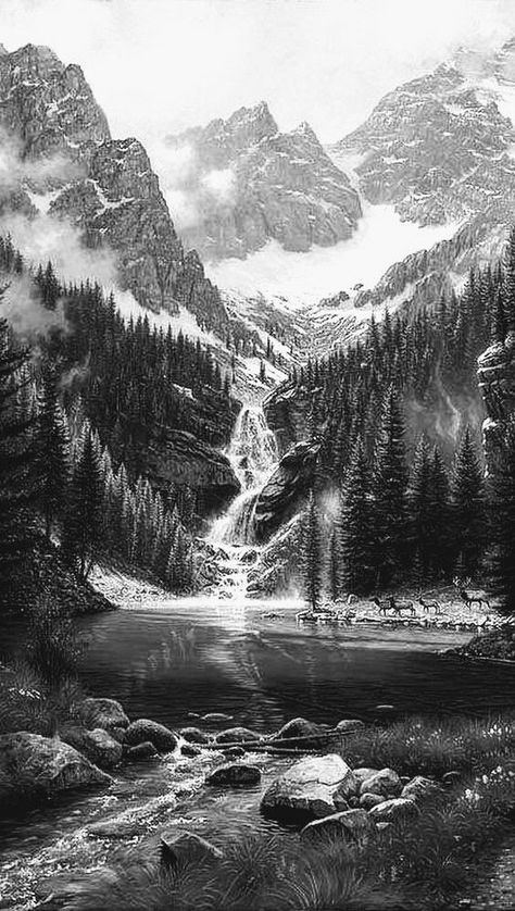 Landscape Mountain Tattoo, Waterfall Tattoo Sleeve, Forest Mountain Tattoo, Realistic Mountain Tattoo, Nature Sleeve Tattoo For Men, Wilderness Tattoo Sleeve, Mountain Forest Tattoo, Cliff Tattoo, Waterfall Tattoo Ideas