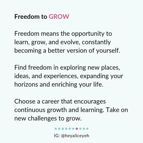 💥 Imagine living your life with TOTAL freedom where you don’t have to settle. Freedom to be YOU Freedom from FEAR Freedom to CHOOSE Freedom of IMPACT Freedom to GROW Freedom of TIME FINANCIAL Freedom 💫 Work isn’t just a means to an end but a path to living life on your own terms. 🚀 The right career can grant you all the freedoms you desire for success and fulfillment. 🤗 Embrace a career that aligns with your strengths, passions, values, and dreams. ✨ What aspects of freedom resonate most... Embrace Life Quotes, Freedom From Fear, Freedom Meaning, Choosing A Career, Time Freedom, Embrace Life, Living Life, Live Your Life, Growth Mindset