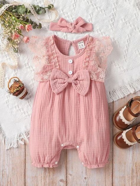 Baby Lace Ruffle Trim Bow Front Romper | SHEIN USA Baby Wardrobe, Girly Girl Outfits, Baby Cardigan Knitting Pattern, Pink Collar, Baby Cardigan, Kids Outfits Girls, Lace Ruffle