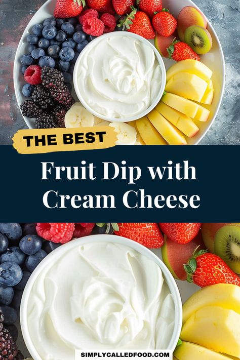 Discover a fruit dip with cream cheese recipe that’s perfect for any occasion. This easy, homemade treat combines cream cheese, yogurt, and a touch of brown sugar for a sweet dip that everyone will love. You can add fluff or cool whip for extra creaminess, and toffee bits for crunch. Perfect for snacks or appetizers, this quick and healthy option makes a wonderful addition to any dinner recipe. Check out this fruit dip with cream cheese recipe and more dip recipes at SimplyCalledFood.com. Cream Cheese Dip For Fruit, Fruit Dip With Cool Whip, Homemade Fruit Dip, Summer Fruit Tray, Fruit Dip With Cream Cheese, The Best Fruit Dip, Best Fruit Dip, Cream Cheese Fruit Dip Recipe, Veggies Dip