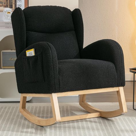 PRICES MAY VARY. [Mid Century Modern Design]：Solid wood leg base,comfy teddy fabric upholstery,wings on the back,and side pockets on the sides creates a very elegant wingback rocking arm chair with pockets. [Selected Premium Materials]：The skin friendly teddy fabric and the cushion padded with high density foam offer ultimate comfort to you to rock and sit in this gliding rocker armchair. And each of these rocker armchair comes with a lumbar pillow which not only complments the rocking armchair, Upholstered Rocking Chairs, Glider Rocking Chair, Patterned Chair, Teddy Fabric, Tufted Arm Chair, Glider Chair, Living Room Lounge, Product Feature, Chair Types