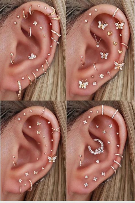 Tribal Fusion Cartilage Piercing Concepts for Females #EthnicElegance #TribalTrends #CartilageCandy #CulturalExpressions #BodyArt Cartilage Tattoo, Aesthetic Ear Piercing, Helix Stud Earrings, Impuria Ear Piercing, Cartilage Hoop Earrings, Piercings Cartilage, Ear Piercings Helix, Cartilage Piercings, Cartilage Earrings Hoop