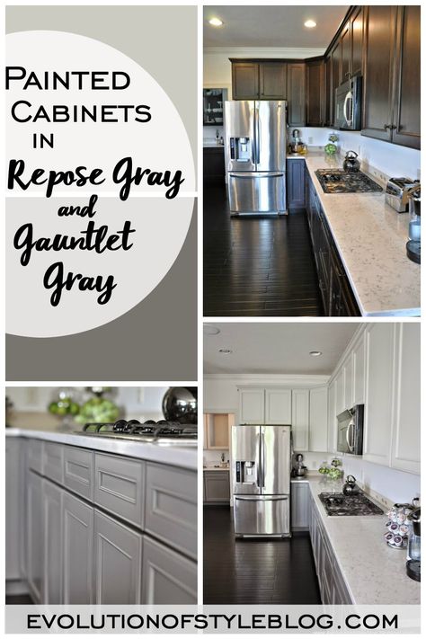 Painted Cabinets in Repose Gray and Gauntlet Gray - Evolution of Style Repose Gray Paint, Kitchen Cabinets Gray, Grey Painted Kitchen, Painted Kitchen Island, Gray Cabinet Color, Painting Kitchen Cabinets White, Gauntlet Gray, Painted Kitchen Cabinets Colors, Painted Cabinets