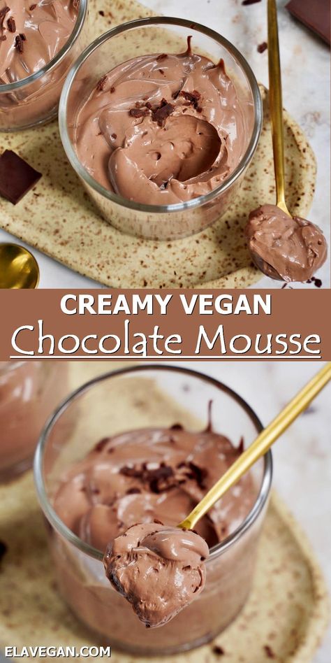 How to make a rich and creamy 3-ingredient vegan chocolate mousse - either with silken tofu - or with avocado, for a soy-free version. Both are wonderfully luxurious and packed with flavor; vegans and non-vegans alike will clamor for seconds! #veganchocolatemousse #mousseauchocolat #dairyfreechocolatemousse #tofurecipe #vegandessert | elavegan.com Silken Tofu Recipes, Ella Vegan, Tofu Dessert, Dairy Free Cheesecake, Vegan Chocolate Mousse, Tofu Recipes Vegan, Avocado Chocolate Mousse, Avocado Chocolate, Chocolate Mousse Recipe