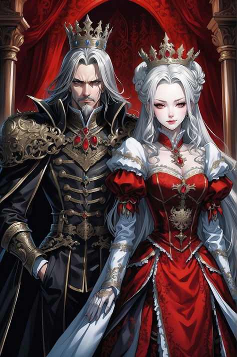 Ultra detailed illustration of a deadly queen and king, they both look evil, ultra detailed faces, focus on faces, hanted mansion environment, anime style by MSchiffer, ((Trinity Blood merged with Castlevania)) bright colors, high saturation Evil Princess, Trinity Blood, Queen Drawing, Queen Anime, Royal King, Vampire Art, Detailed Illustration, Evil Anime, Queen Art