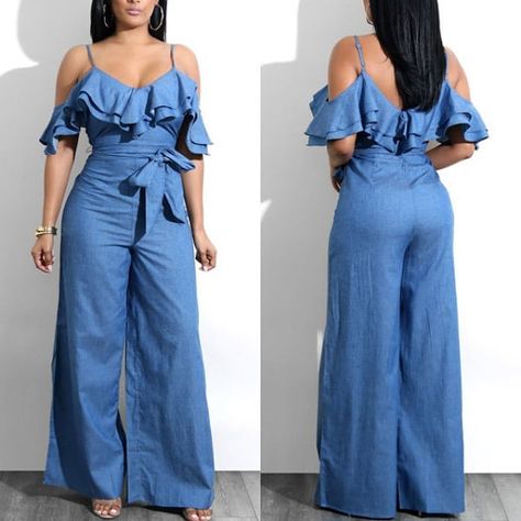 African Blouses, Cold Shoulder Jumpsuit, Jumpsuit Casual, Casual Tie, African Dresses For Women, Wide Leg Jumpsuit, African Clothing, Summer Outfits Women, Blouse Styles