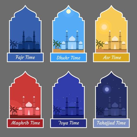 Set of Five Prayer Times Symbol with Mosque Illustration on Different Time Scenes Mosque Illustration, Islamic Kids Activities, Illustrator Design Tutorial, Muslim Family, Illustrator Design, Prayer Times, Canva Elements, Kids Activities, Design Tutorials