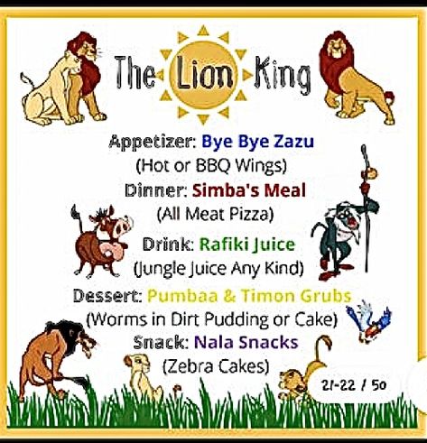 Lady And The Tramp Movie Night Food, Shrek Movie Night Dinner, Ratatouille Movie Night Food, Lion King Dinner And A Movie, Disney Movie Dinner Ideas, Disney Theme Dinner Movie Nights, Lion King Movie Night, Disney Nights, Disney Movie Themed Dinner