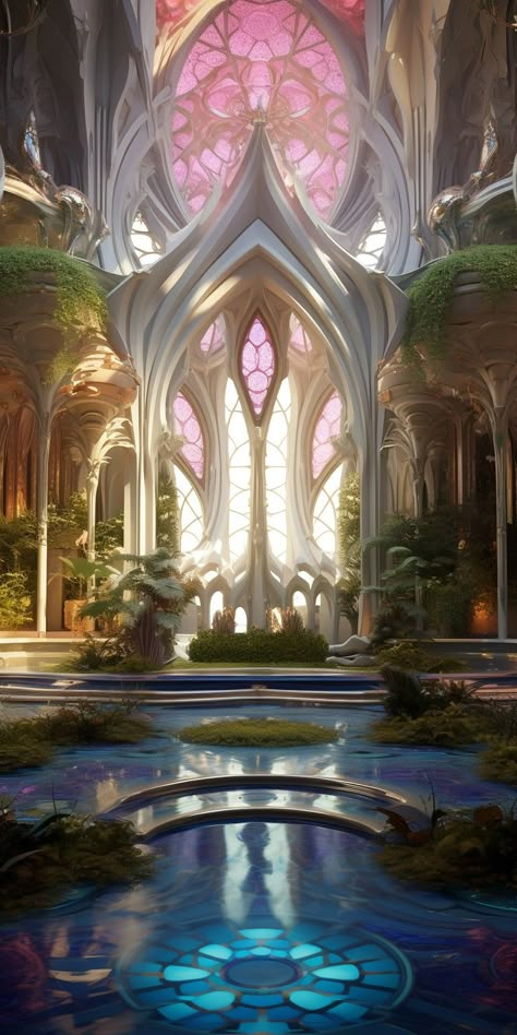 High Elven Architecture, Elven City Concept Art, Fae Palace, Elven Temple, Futuristic Temple, Fantasy Ballroom, Elven Castle, Elvish Architecture, Atlantis Aesthetic