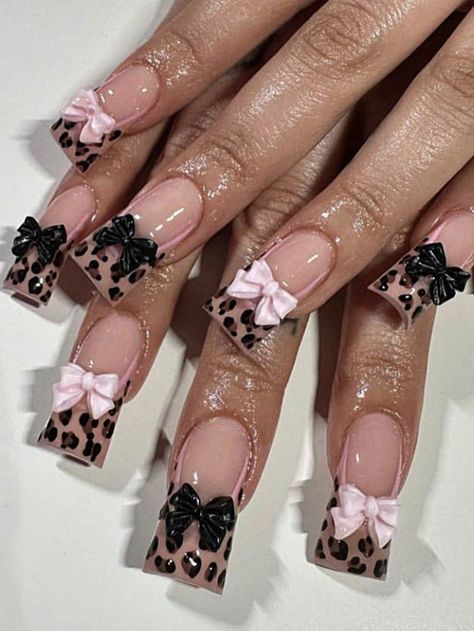 Multicolor  Collar   Colorblock,Plants Color Nails Embellished   Nail,Hand & Foot Care Cheetah Print Duck Nails, Brown Y2k Nails, Nails For Ladies, Pink Black Nails, Cheetah Print Nails, Nails Y2k, Estilo Y2k, Duck Nails, Y2k Nails