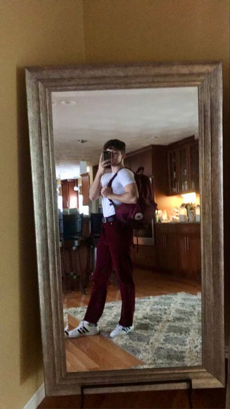 Maroon Corduroy Pants Outfit, Corduroy Pants Outfit, Shirt Tucked In, Corduroy Pants, Pants Outfit, White Tshirt, Tights, Pants, T Shirt