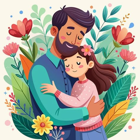 Father And Daughter Art, Father's Day Drawings, Dad Illustration, Father Illustration, Father's Day Illustration, Father And Girl, Hug Illustration, Father Art, Gift Vector