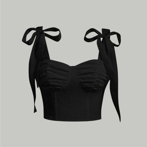 Cute Crop Tops Aesthetic, Black Shirt With Tie, Png Tops, Wag Outfits, Shoulder Tie Top, Black Cropped Top, Crop Top Aesthetic, Black Corset Top, Quick Outfits