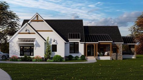 Boutique Home Plans on Instagram: "The Yorktown is a generously sized 4 bedroom farmhouse. Perfect for a large lot and a pool, this plan takes advantage of the land and views. Find out how much this plan costs to build on your lot with our FREE cost-to-build calculator. #boutiquehomeplans #houseplans #homeplans Heated Area: 3320 SF Unheated Area: 1705 SF Floors: 2 Bedrooms: 4 Bathrooms: 3.0 Garage Spaces: 3 Total Width: 92 Total Depth: 65 Exterior Framing: 2x6 Roof Framing: Stick or Truss Bui 4 Bedroom Farmhouse, Exterior Fireplace, White Siding, Elevation Plan, Ceiling Plan, Faux Beams, Side Porch, Bedroom Farmhouse, Shop House Plans