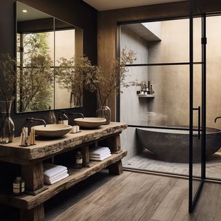 PineHouse (@pinehouse.design) • Fotos y vídeos de Instagram Wabi Sabi Bathroom, Japanese Bathroom, Wabi Sabi Interior, Industrial Bathroom, Bad Inspiration, Bathroom Design Inspiration, Steamboat Springs, Downstairs Bathroom, Bathroom Inspiration Decor