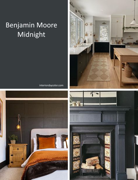 Benjamin Moore Midnight - Interiors By Color After Midnight Benjamin Moore, Midnight Benjamin Moore Cabinets, Midnight By Benjamin Moore, Benjamin Moore Midnight Cabinets, Midnight Benjamin Moore Paint, Midnight Blue Benjamin Moore, Midnight Benjamin Moore, Whiskey Basement, Midnight Oil Benjamin Moore