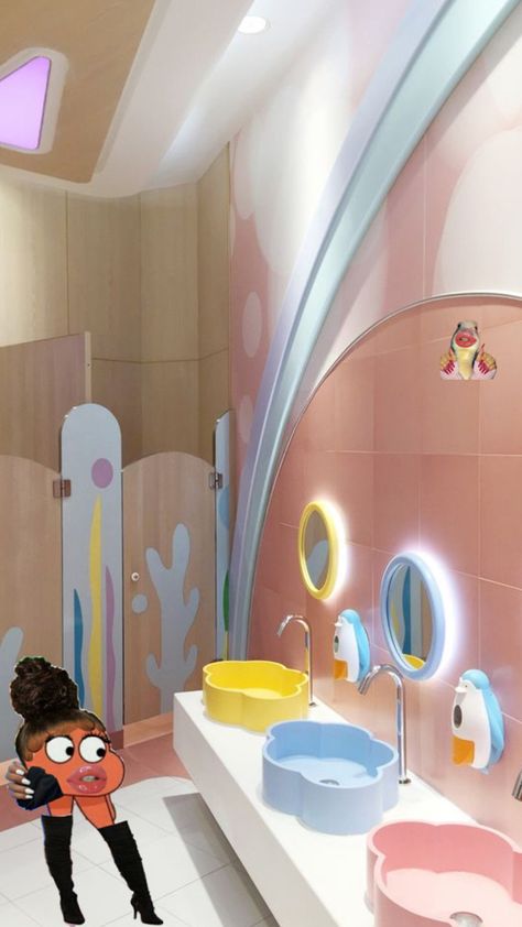 Kids Playroom Basement, Big Kids Playroom, Pastel Bathroom, Daycare Design, Kids Cafe, Childrens Bathroom, Colorful Apartment, Kindergarten Design, Kids Playroom Decor