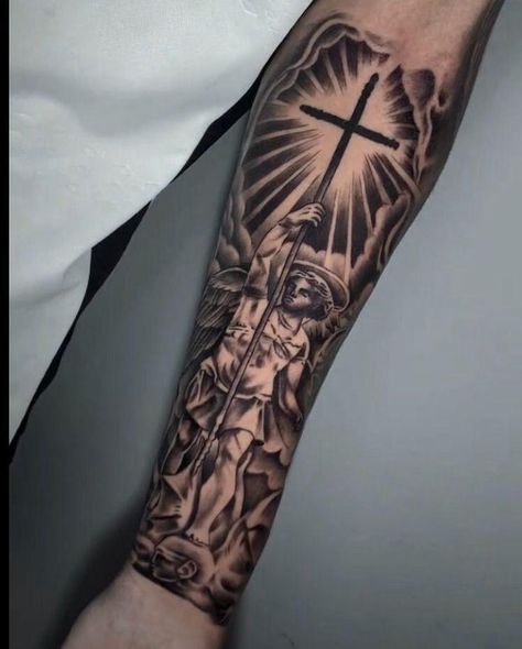 Guardian Angel Tattoo For Men Forearm, Destined For Greatness Tattoo, Quarter Sleeve Tattoo For Men Forearm, St Michael Tattoo Forearm, Quarter Sleeve Tattoo For Men, Jesus Tattoo On Arm, Jesus Forearm Tattoo, Tattoo Pierna Hombre, Saint Michael Tattoo