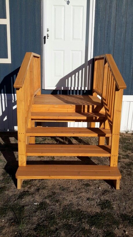 Mobile Home Steps Steps For Mobile Home Ideas, Steps For Mobile Home, Tbr Ideas, Mobile Home Front Door, Deck With Stairs, Mobile Home Steps, Tiny Porch, Moble Homes, Step Ideas