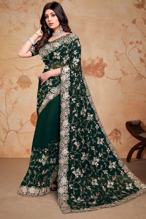 Green Georgette Embroidered Saree Bottle Green Saree, Latest Sarees Online, Buy Designer Sarees Online, Silk Sarees Online Shopping, Cotton Sarees Online, Indian Designer Sarees, Designer Sarees Collection, Designer Sarees Online, Utsav Fashion