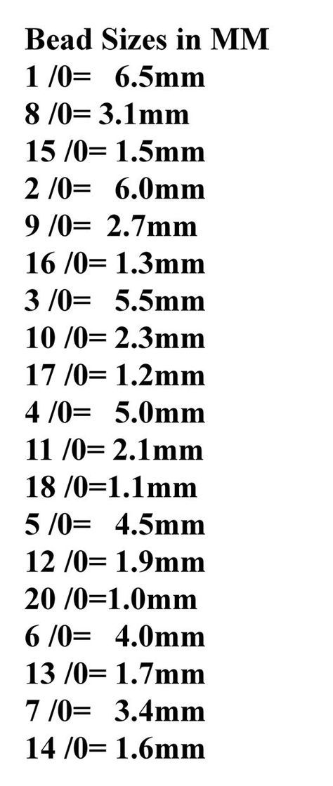 Shows the Seed Bead sizes with conversion to mm.  I realize there are variations depending on the manufacturer but this is for my reference and if you use it, realize that it may not be accurate. Seed Bead Patterns Free Jewelry Making Tools, Seed Bead Crafts Jewelry Making Tools, Bead Types Chart, Seed Bead Sizes, Seed Bead Size Chart, Seed Bead Patterns Free Bracelets, Beadwork Patterns Free Seed Bead Tutorials, Seed Bead Patterns Free, Bead Size Chart